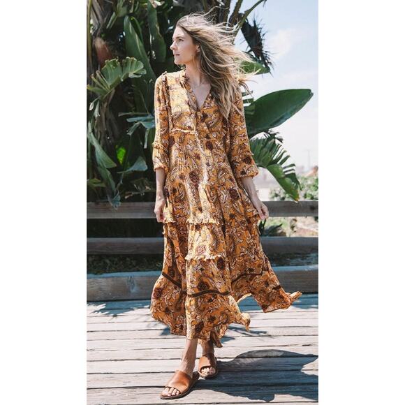 Spell & the Gypsy Co Etienne Golden yellow Floral Long Sleeve Maxi Dress - Picture 2 of 5
